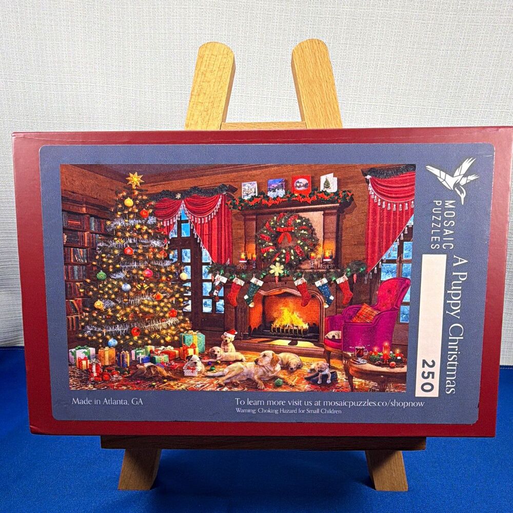 Mosaic Puzzles A Puppy Christmas 250 Piece Wooden Jigsaw Puzzle Magnetic Box